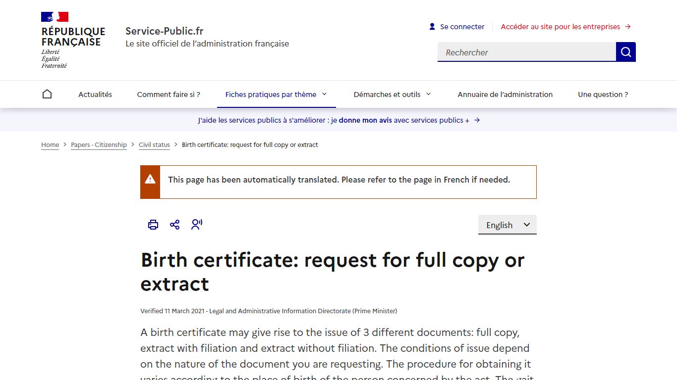 Birth certificate: request for full copy or extract | Service-public.fr